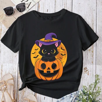 Нов Хелоуин сладък вещица черна котка вещица шапка тиква за деца момичета тениска кръг врата случайни ежедневни летни тройници улично облекло тениски