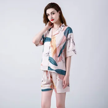Жените прост стил Elengant пижама комплект завой-надолу яка мека коприна сатен спално облекло комфорт тънък домашно облекло ежедневни облекла за лятото