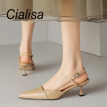 Cialisa сандали жени елегантни заострени обувки естествена кожа 2023 лятна парти рокля на висок ток ръчно изработени дамски обувки сребро