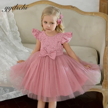 Рокля на момиче цвете 2023 Елегантна принцеса сатенена бална рокля за деца Рокля за рожден ден Проста рокля с лък за първо причастие