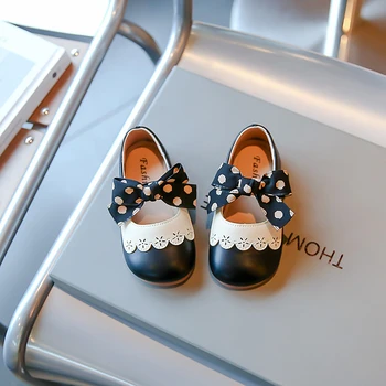 2023 Сладък корейски стил момичета Мери Джейнс случайни детски обувки полка точка печат лък прости деца кожени обувки кука & контур апартаменти