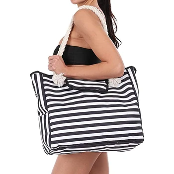 Нов плаж голяма пазарска чанта мода жени платно лято голям капацитет раирана чанта за рамо голяма пазарска чанта за рамо