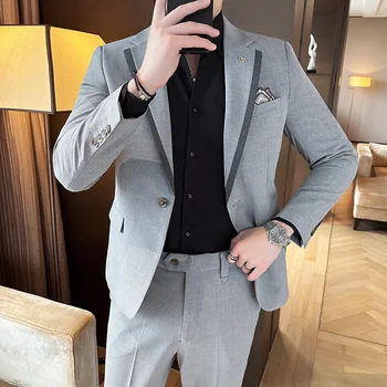 5XL Модни мъжки костюми за сватбено тържество Бизнес и ежедневен костюм Ревера с един бутон 2 части (Blazer + панталони)Slim Fit Costume Homme