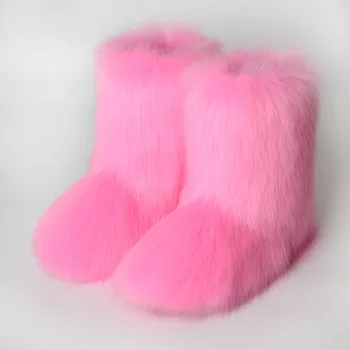 Зимни дамски ботуши за сняг нова тенденция розова платформа плюшен топъл плосък глезен за много удобни глезена дамски ботуши