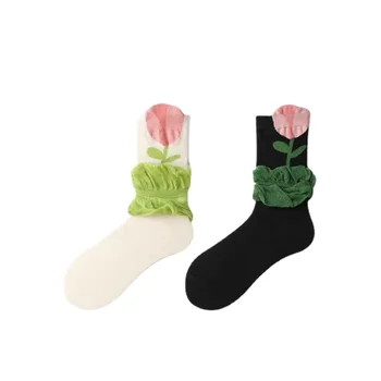 2 чифта дамски флорални чорапи, сладки и удобни, универсални чорапи със средна дължина