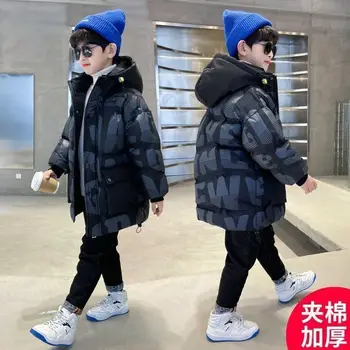 Young Boys' Hooded памучни дрехи писмо печат плюшени удебелени топъл цип 2023 зимни модни корейски 5-12 години