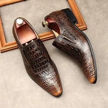 British Trend Мъжки лачени кожени бизнес мокасини Луксозни ръчно изработени приплъзване на естествена кожа мода крокодил модел мъжки обувки