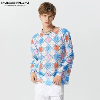 стилен улично облекло стил върховете INCERUN мъже контрастиращ цвят ажурна дантела тениска случайни хлабав дълъг ръкав куха Camiseta S-5XL