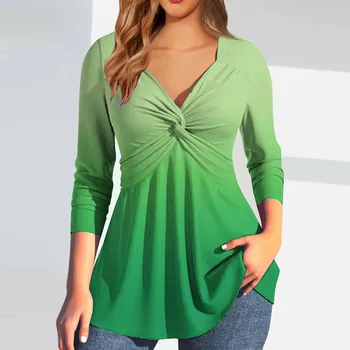 Дамски модни върхове пролет плисирана тениска V врата светло зелено дълги ръкави основни Tee градиент T риза женски дрехи