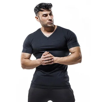 Нова мода V-образно деколте обикновен Tees риза фитнес мъжки T риза къс ръкав мускул културизъм тениска мъжки фитнес дрехи тънък годни върховете