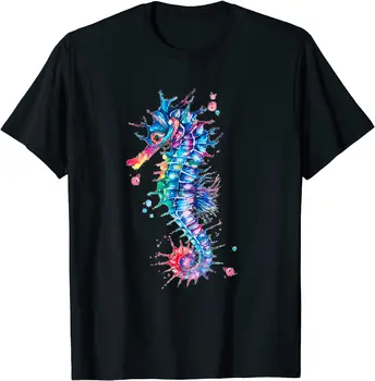 Seahorse акварел океан животински колоритен подводна риба тениска за памук тениска кръг врата къс ръкав T ризи