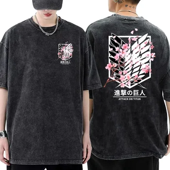 Атака на Титан T Shirt Harajuku аниме Tee Унисекс реколта измити тениски памук мода улично облекло