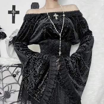 Нова модерна хипстърска риза Тъмен готически стил Секси тънък дантелен снаждане релефна блуза с разкроен ръкав женски