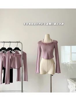Дамски лилава тениска с дълъг ръкав Harajuku корейски Y2k Tee Top 90s естетически 2000s мода реколта тънък плетени тениски дрехи 2024
