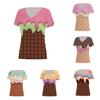 Модна личност колоритен жените v-образно деколте Tee 3D цифров печат топене сладолед модел цялото тяло отпечатани тениска