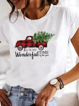Жените дърво карирана камион мода Коледа Нова година празник Tee дрехи облекло печат графичен къс ръкав T женски тениски