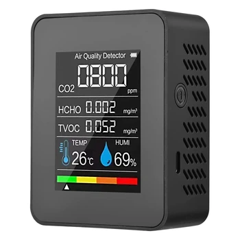 5 в 1 монитор за качеството на въздуха TVOC HCHO температура влажност CO2 метър, USB акумулаторен CO2 детектор черен