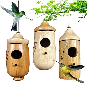 Ръчно изработени дървени висящи колибри къща хижа мини птица гнезда клетка за красива открит вътрешен двор градина декорация домашен любимец спалня