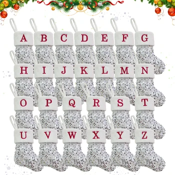Весела Коледа Сребърни чорапи с пайети Червени букви от азбуката Коледен чорап Коледно дърво висулка декор за дома Коледа подарък 2024