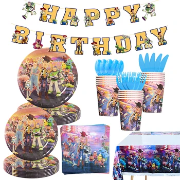 Disney Toy Story Рожден ден Прибори за хранене Комплект Кърпа за маса Чаша Момчета и момичета Декоративни балон Бебешка баня Оранжево парти мека чанта