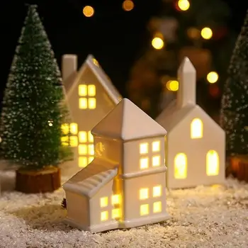 Бяла Коледа Селски къщи Скандинавски керамични малки къщи занаяти LED нощна лампа декоративни керамични къща орнаменти