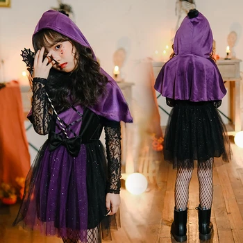 Хелоуин костюми Хелоуин детски костюми лилаво вещица костюм вещица рокля наметало и шал вампир момичета изпълнение костюми