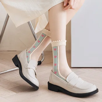 Прозрачни дамски чорапи лято сладък любов сърце меки памучни дънни чорапи жени окото къси невидими чорапи
