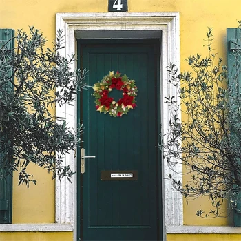 40см Коледен венец Празнична украса с борови шишарки Изкуствени цветя на коледната звезда Висящ орнамент за входна врата