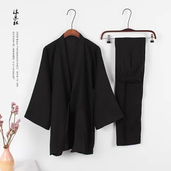 Мъжки шезлонги дълъг ръкав кимоно пижами комплект памук удобни черни нощници