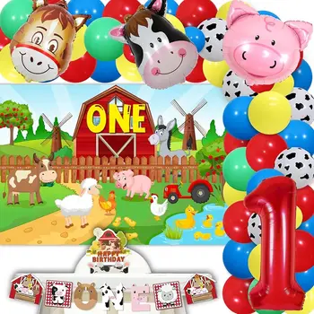 Селскостопански животни 1-ви рожден ден декорации, Barnyard фон, висок стол банер, червено и синьо балон, гарланд комплект, крава прасе де