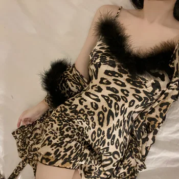Нов летен леопард печат женски спално облекло Nighty&robe комплект секси дантела нощница халат случайни коприна сатен дома рокля бельо