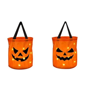 2Pcs LED светлина Хелоуин бонбони чанти светят сгъваеми призрачни чанти многофункционални бонбони чанти за многократна употреба Хелоуин кофа за деца