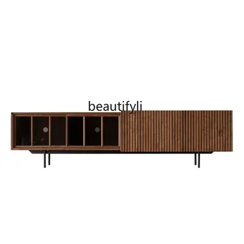 TV кабинет масивна дървесина безшумен стил минималистичен черен орех дървена маса за чай скандинавски стил стъклена врата