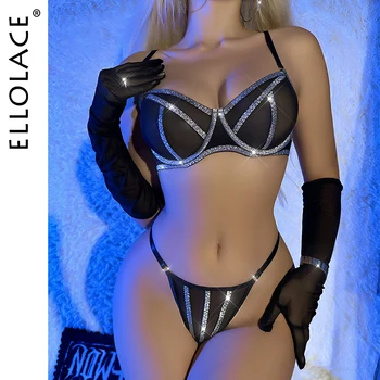 Ellolace бельо комплекти секси блясък фантазия екзотични комплекти сутиен комплект натиснете нагоре Bilizna комплект с дълги ръкавици романтичен луксозен костюм