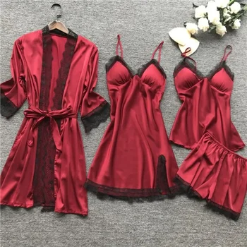 4PCS/Set Sleep Suit Дамски дантелен комплект Секси V-образно деколте Cami Nighties Удобна пижама Нощно облекло Пролетна нощница Мода Домашни дрехи