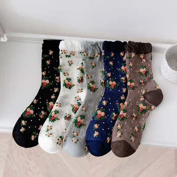 Ретро реколта етнически цветен печат чорапи японски Kawaii сладък жена чорапи момичета лято окото тънка коприна дантела къдрава Harajuku чорапи