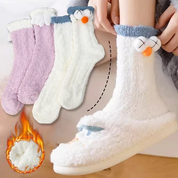 Coral Velvet Plush Удебелен Kawaii Harajuku Смешни чорапи Есен Зима Космати Супер Мек Комфорт Сладък Спящ Начало Памучни чорапи
