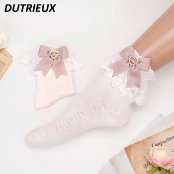 японски стил къдри памук чорап мина серия масово производство JK любов тъмен модел лък чорапи Лолита сладък kawaii момиче чорапогащник