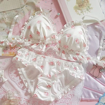 Комплект бельо Дамски Kawaii Японски сутиен & Комплект бикини Wirefree Soft Underwear Комплект за сън Сладък сутиен и чорапогащник Лолита
