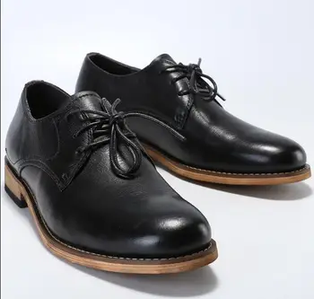 England стил Висококачествена кравешка кожа Дерби обувки за мъже Oxfords Кръгъл пръст Дантела нагоре Мъжки обувки Модни ежедневни обувки