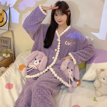 Дамски пижами комплекти корейски хлабав корал кадифе спално облекло дами пижами костюм нощница сладък цвете бутон нощно облекло