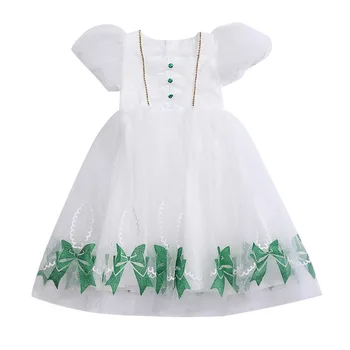 Лято малки момичета мода рокля къс ръкав печат лък окото деца рокли парти малко дете дантела бебе пачка кръщение дрехи