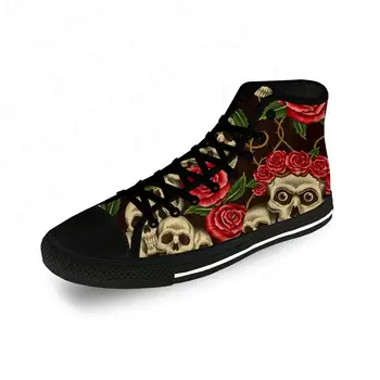 Sugar Skull Rose Flower Hot Funny Casual Cloth Fashion 3D Print High Top Canvas Shoes Men Women Lightweight Breathable Sneakers