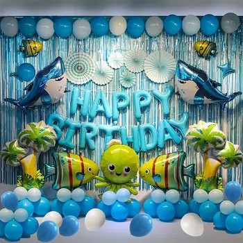 Океански животни Декорация за рожден ден Синьо море балони Garland комплект за подводна тема рожден ден момче бебе душ парти доставки
