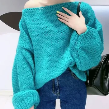 Сини дамски пуловери розови от рамото плетени отгоре за жени пуловер Емо Harajuku мода корейски streetwear Y2k Xxl E PH345