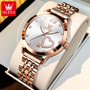 OLEVS неръждаема стомана каишка кварцов часовник за жени диамант сърце дизайн водоустойчив светещ кварц дамски часовници оригинални