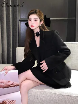 корейски елегантни якета с дълъг ръкав с висока талия Slim Fit къса A-Line пола есен зима дами мода темперамент от две части комплект