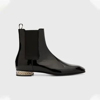Лачена кожа мъжки ботуши стилни черни обувки зимни ретро стил глезена ботуши приплъзване на случайни високи топ износоустойчиви мъжки обувки