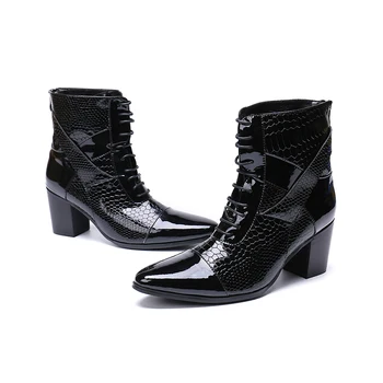Мъжки обувки 7CM Високи токчета botas hombre зимни обувки мъже черни естествена кожаборба челси ботуши стоманени пръсти военни обувки