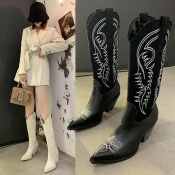 Модни дамски ботуши бродирани западни каубойски ботуши заострени дебели токчета ботуши високи ботуши кавалерийски ботуши коляното високи дамски обувки